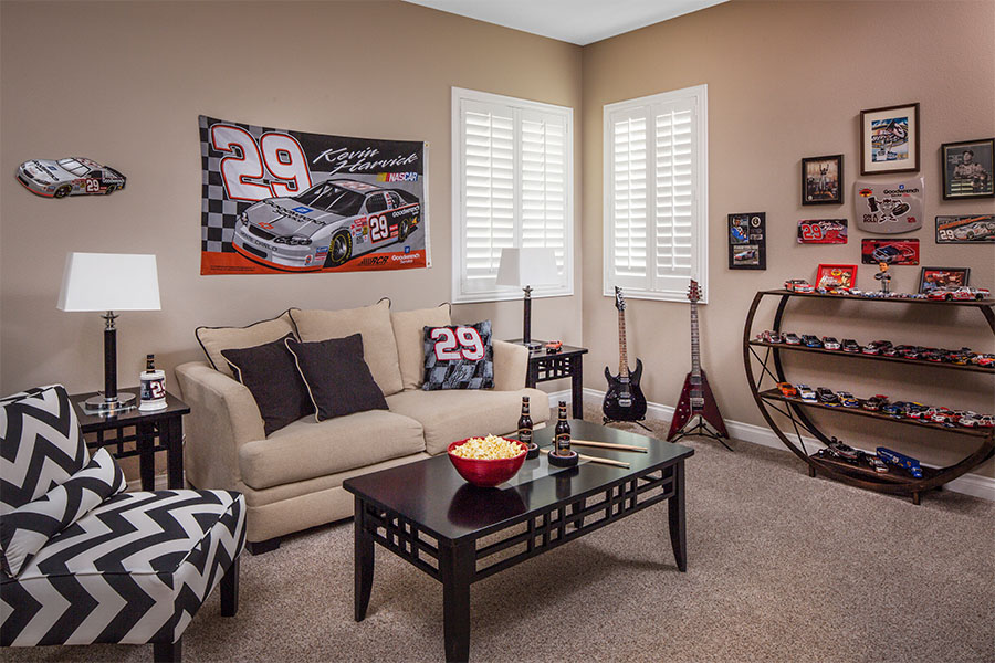 Polywood interior shutters on basement windows next to collectible cars