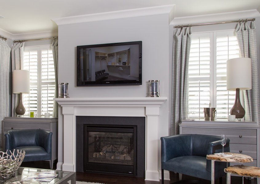 family room New Jersey faux wood shutters