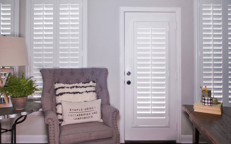 Interior shutters are beautiful and durable window treatments for glass doors in New Jersey. Polywood shutters on a door